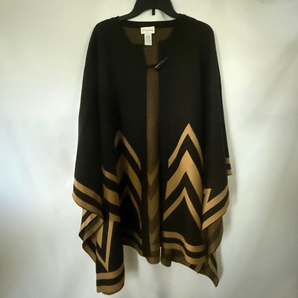 Soft Surroundings Black Tan Chevron Toggle Closure Wool Blend Poncho L/XL women